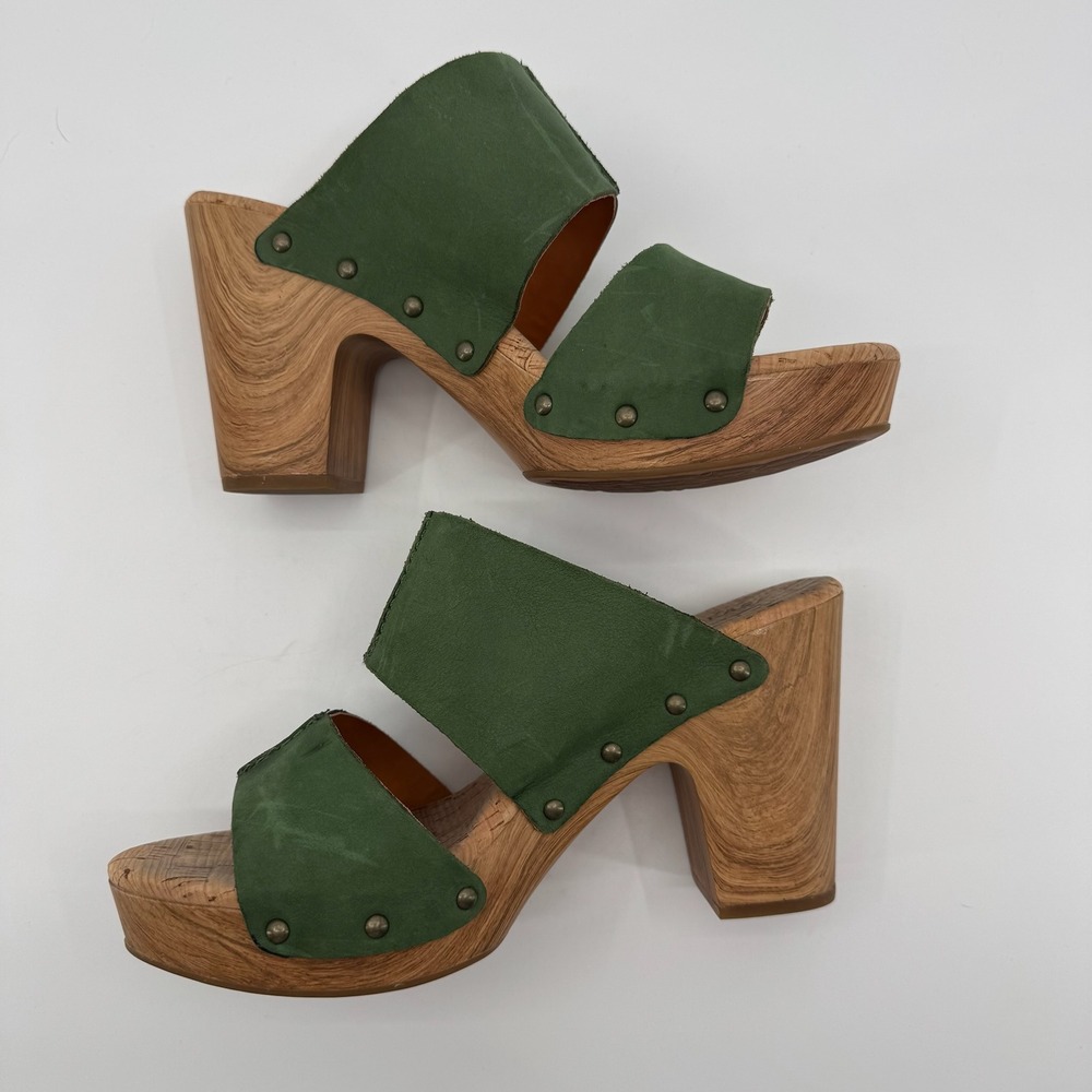 Kork Ease Darra Sandals Womens 9M Green Leather Cork Platform Block Heel Mule